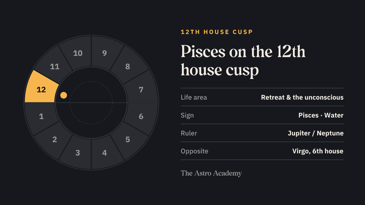 House wheel with the 12th house highlighted, with Pisces on its cusp; opposite sits Virgo on the 6th house