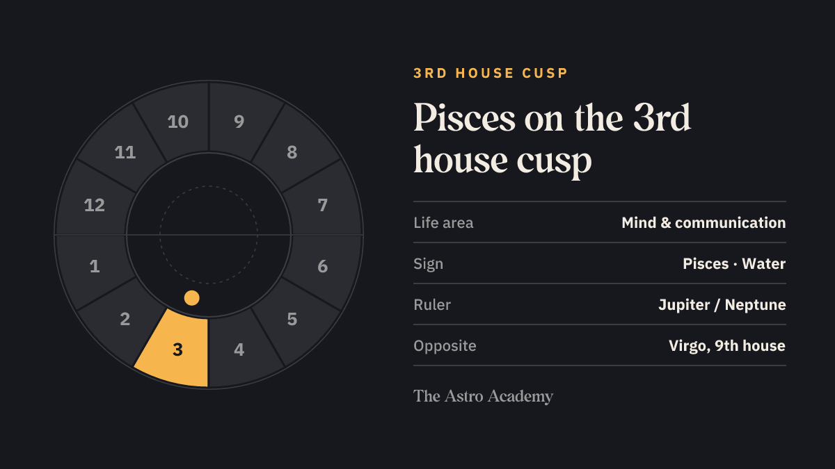 House wheel with the 3rd house highlighted, with Pisces on its cusp; opposite sits Virgo on the 9th house