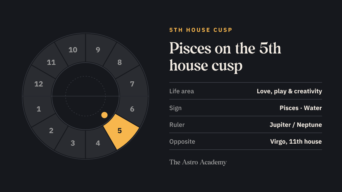 House wheel with the 5th house highlighted, with Pisces on its cusp; opposite sits Virgo on the 11th house