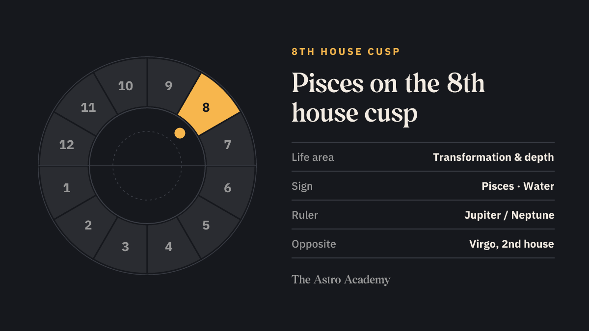 House wheel with the 8th house highlighted, with Pisces on its cusp; opposite sits Virgo on the 2nd house