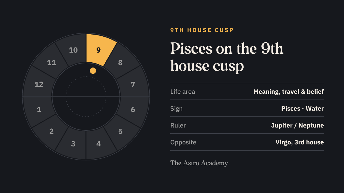 House wheel with the 9th house highlighted, with Pisces on its cusp; opposite sits Virgo on the 3rd house