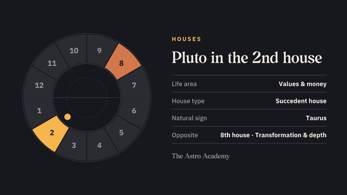 House wheel with twelve sections: the 2nd house, where Pluto sits, is highlighted together with the opposite 8th house