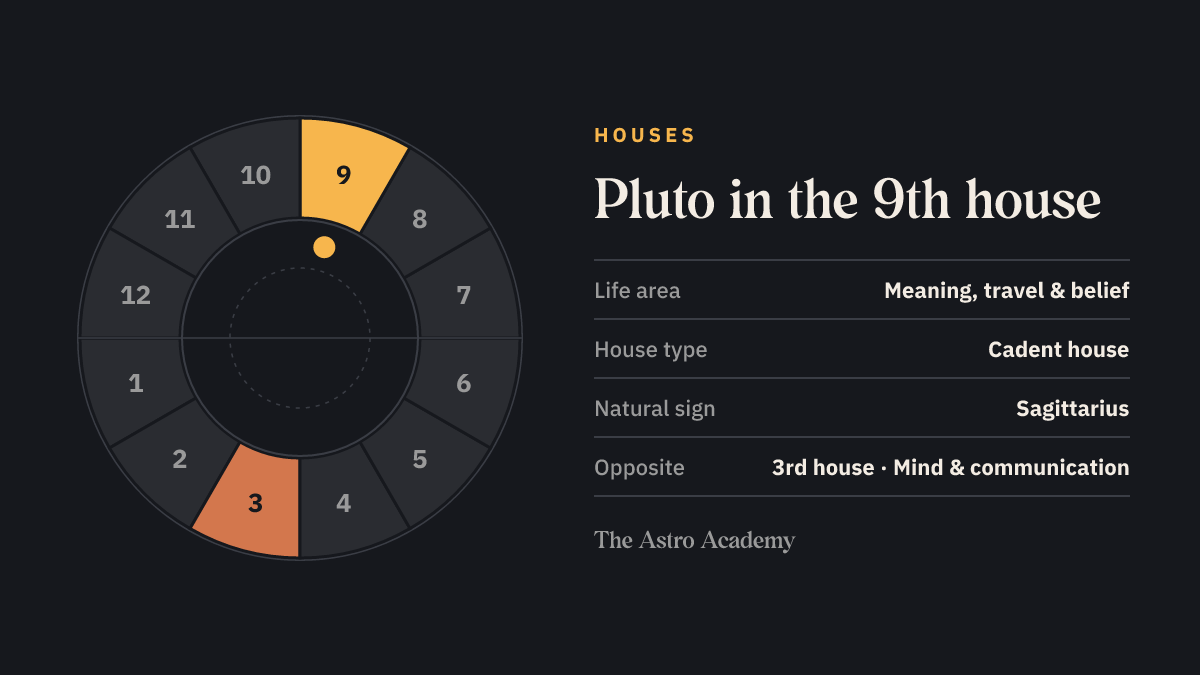 House wheel with twelve sections: the 9th house, where Pluto sits, is highlighted together with the opposite 3rd house