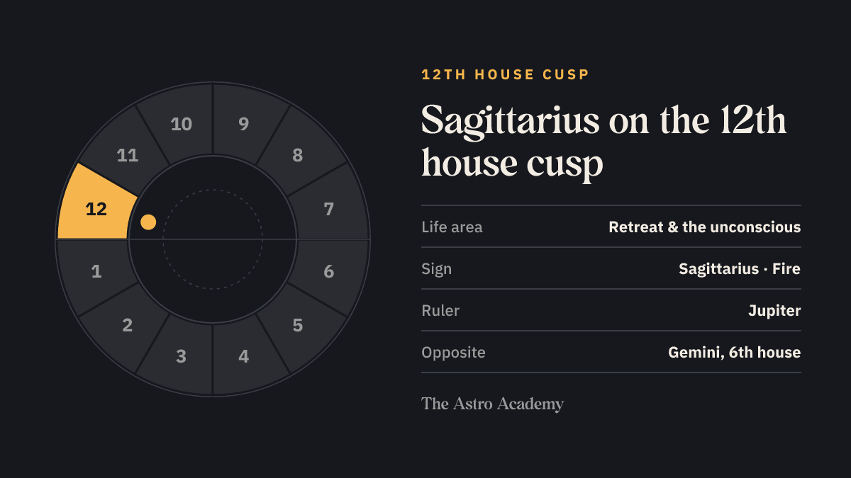 House wheel with the 12th house highlighted, with Sagittarius on its cusp; opposite sits Gemini on the 6th house