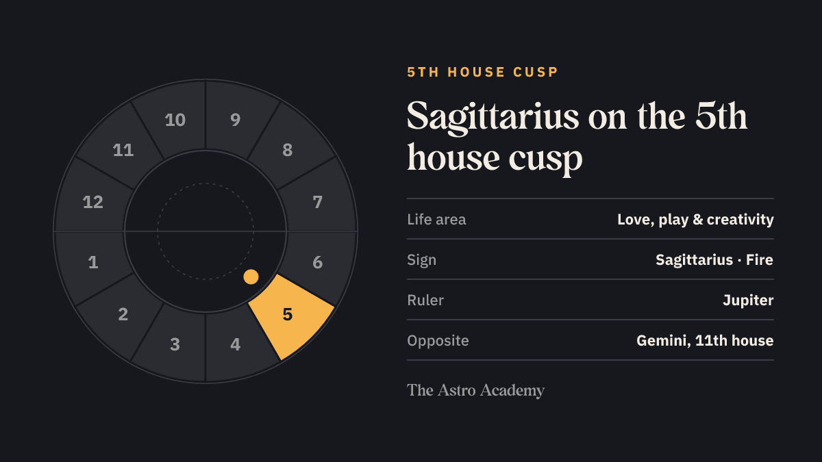 House wheel with the 5th house highlighted, with Sagittarius on its cusp; opposite sits Gemini on the 11th house