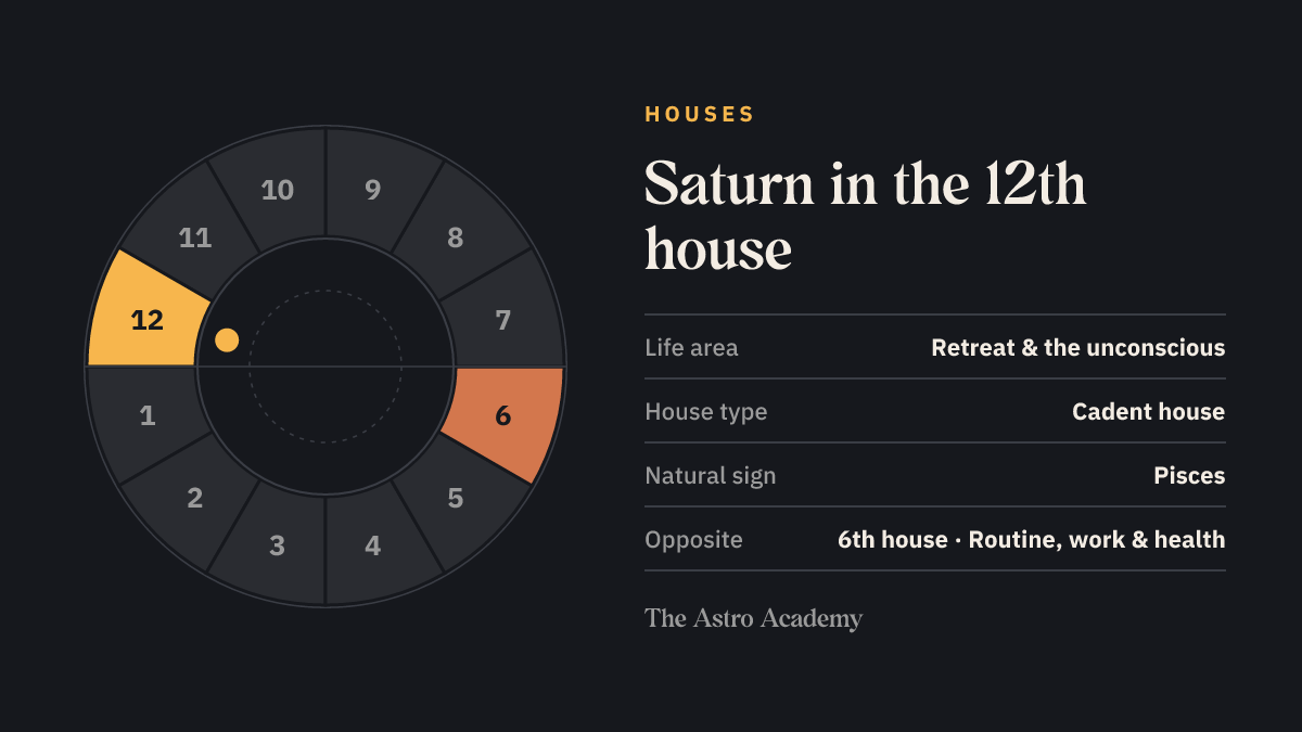 House wheel with twelve sections: the 12th house, where Saturn sits, is highlighted together with the opposite 6th house