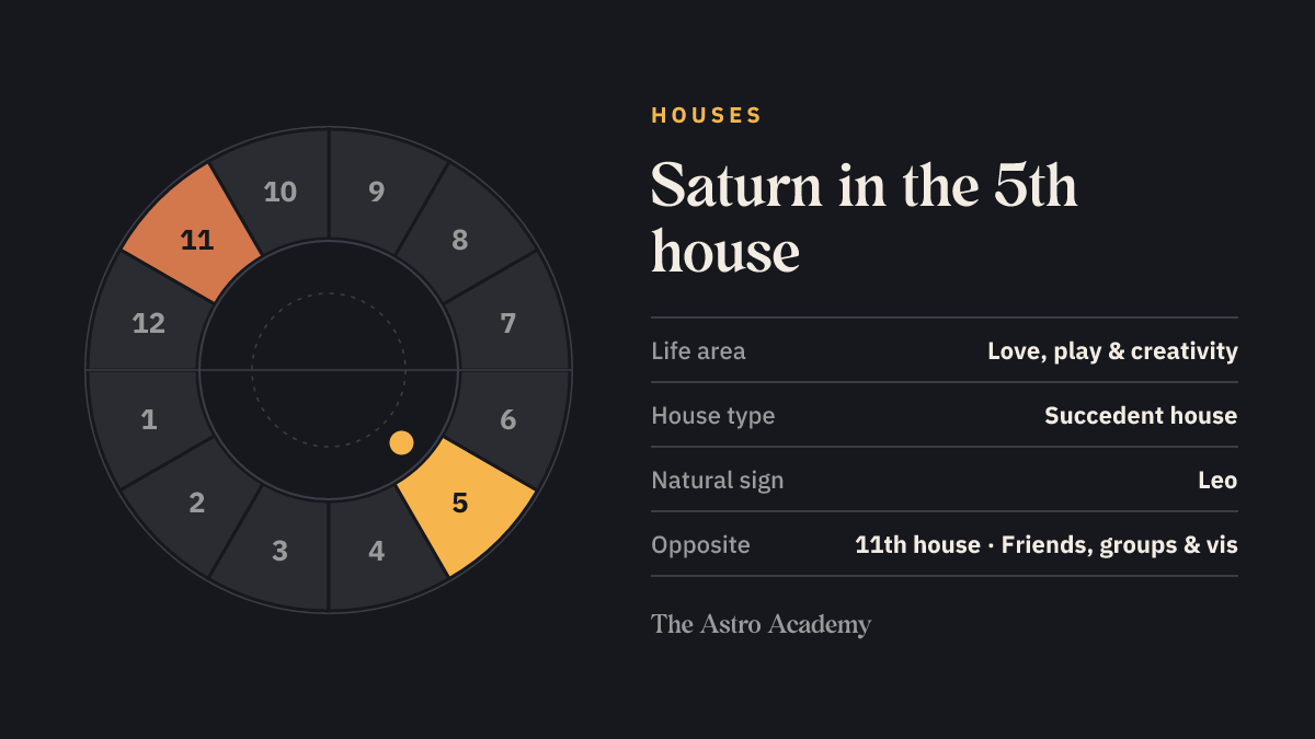 House wheel with twelve sections: the 5th house, where Saturn sits, is highlighted together with the opposite 11th house