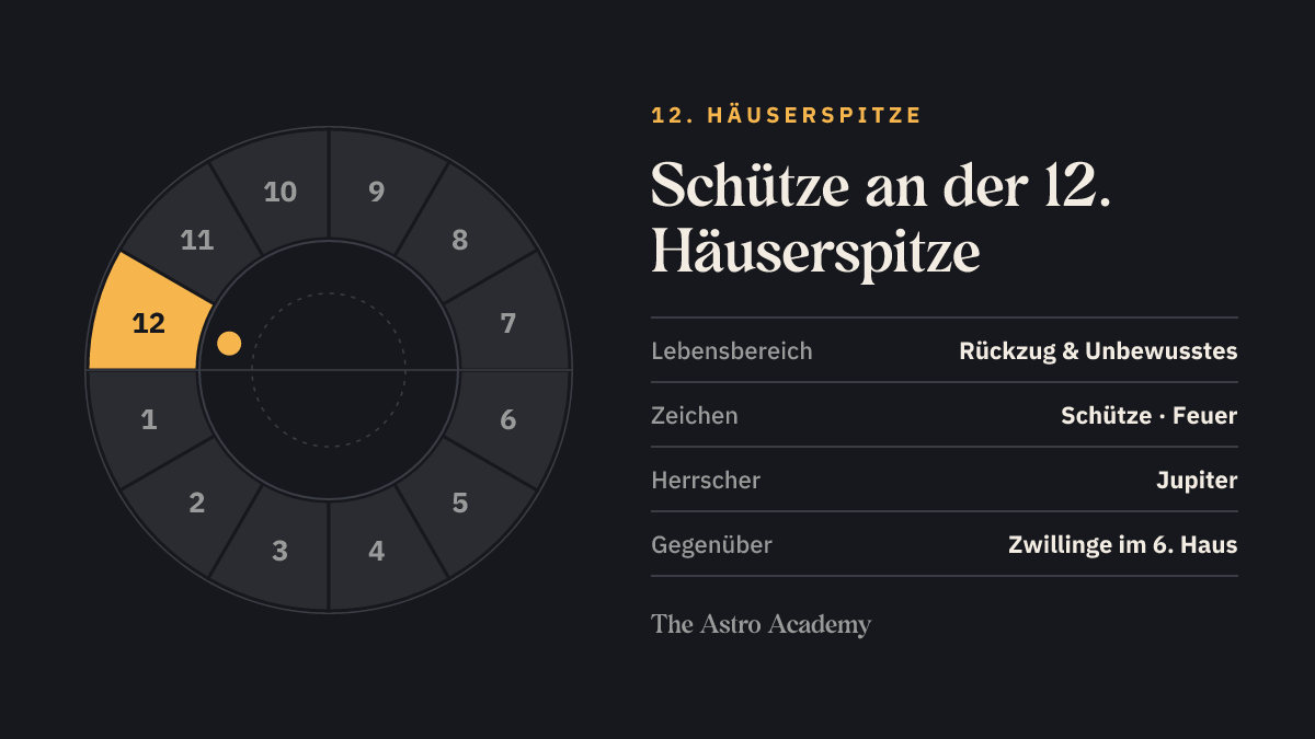 Häuserrad mit hervorgehobenem 12. Haus, an dessen Spitze Schütze steht; gegenüber liegt Zwillinge im 6. Haus