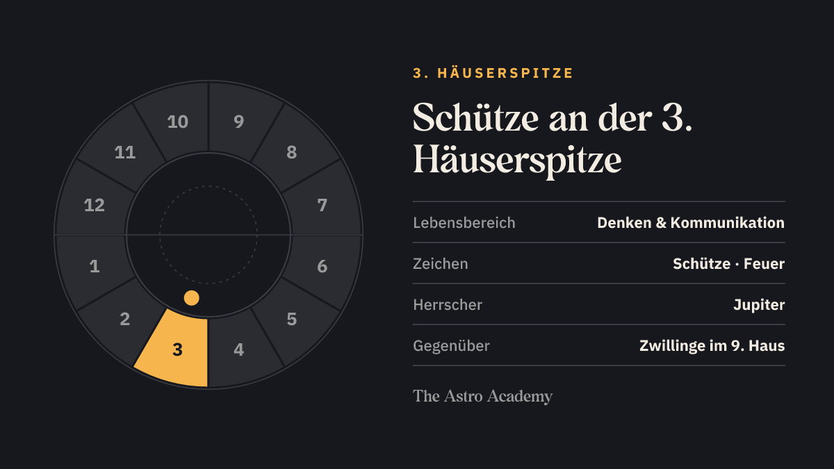 Häuserrad mit hervorgehobenem 3. Haus, an dessen Spitze Schütze steht; gegenüber liegt Zwillinge im 9. Haus
