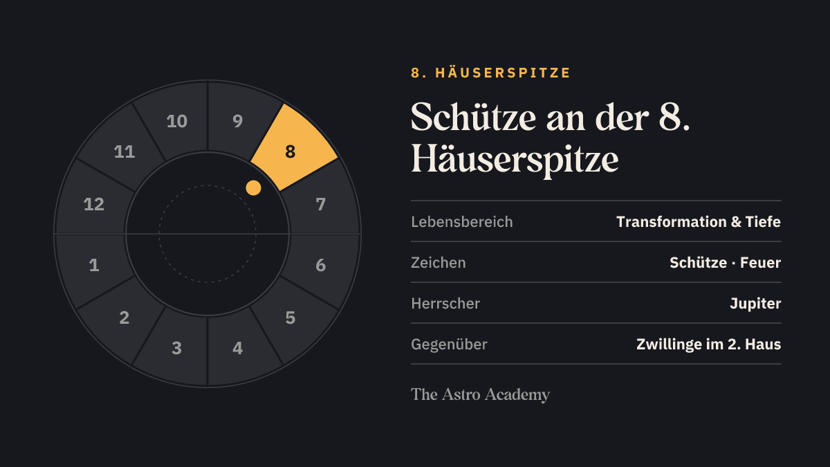 Häuserrad mit hervorgehobenem 8. Haus, an dessen Spitze Schütze steht; gegenüber liegt Zwillinge im 2. Haus