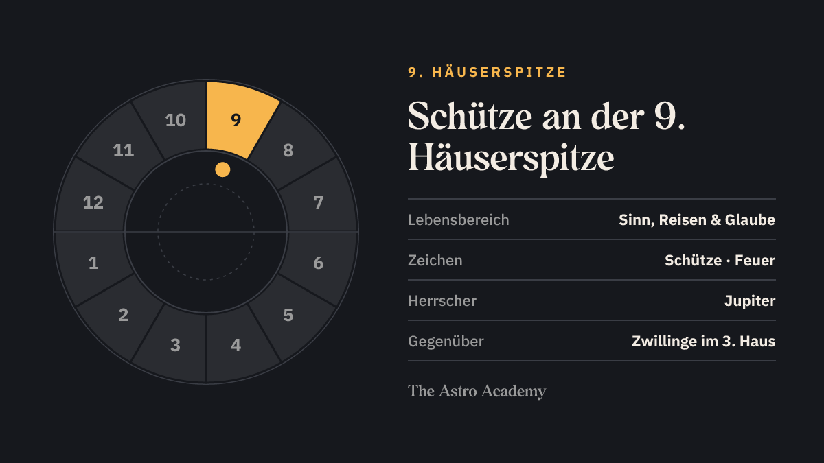 Häuserrad mit hervorgehobenem 9. Haus, an dessen Spitze Schütze steht; gegenüber liegt Zwillinge im 3. Haus
