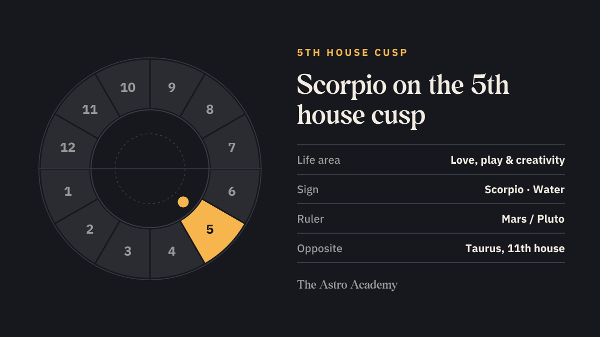 House wheel with the 5th house highlighted, with Scorpio on its cusp; opposite sits Taurus on the 11th house