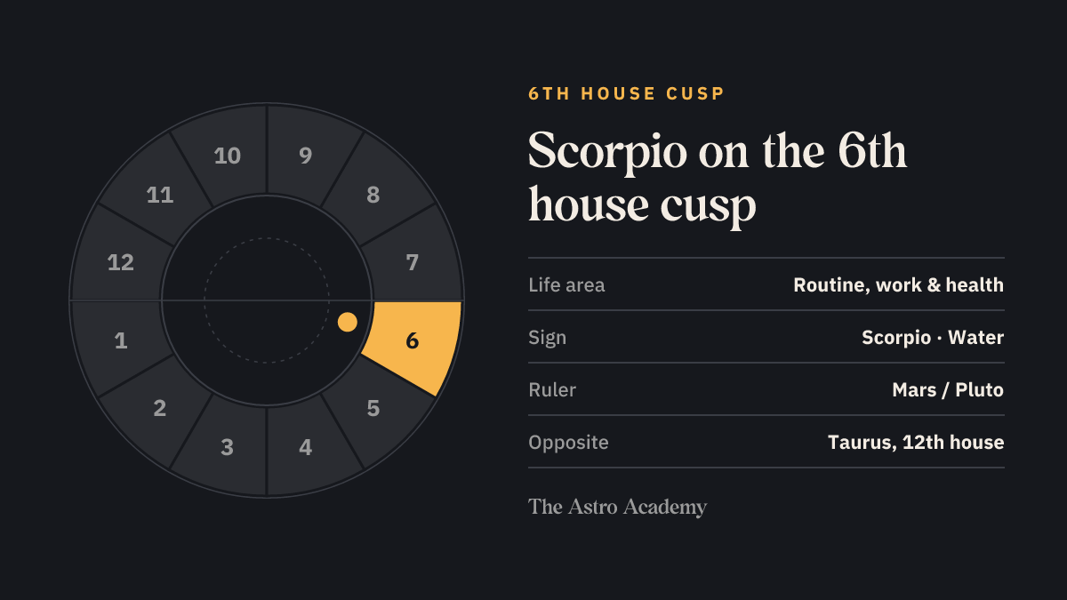 House wheel with the 6th house highlighted, with Scorpio on its cusp; opposite sits Taurus on the 12th house