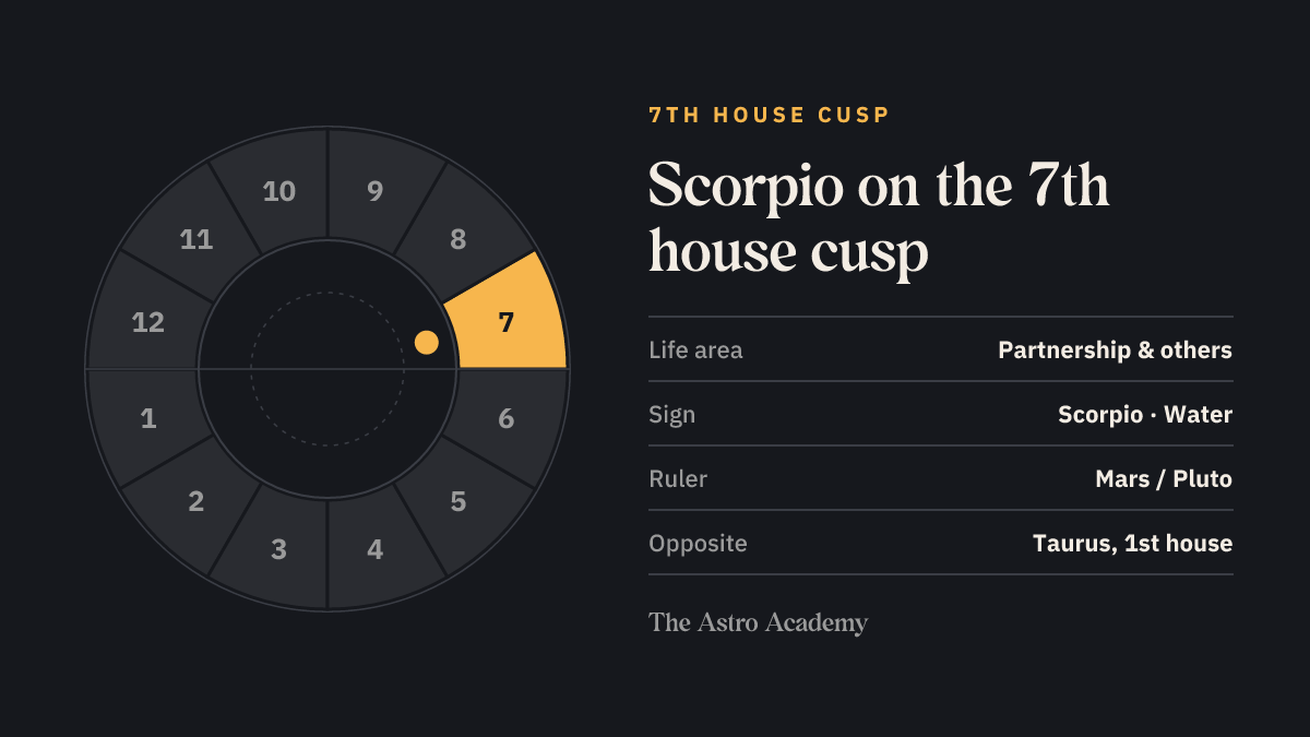 House wheel with the 7th house highlighted, with Scorpio on its cusp; opposite sits Taurus on the 1st house