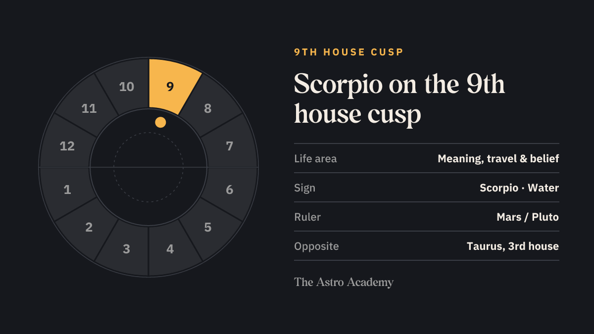 House wheel with the 9th house highlighted, with Scorpio on its cusp; opposite sits Taurus on the 3rd house