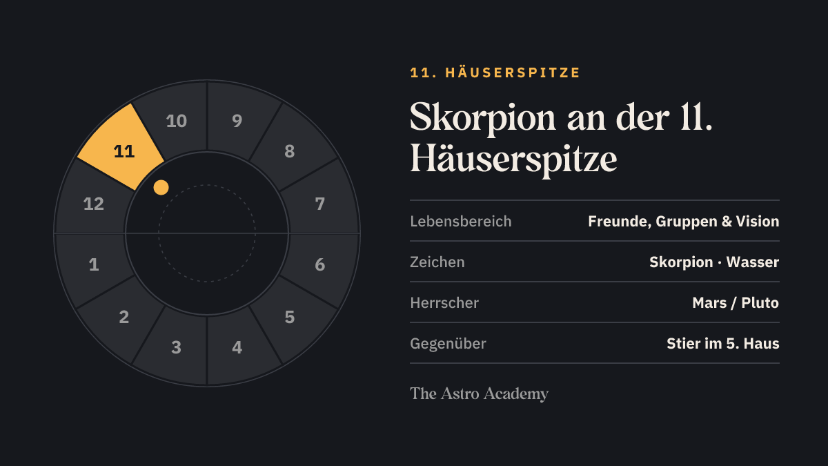 Häuserrad mit hervorgehobenem 11. Haus, an dessen Spitze Skorpion steht; gegenüber liegt Stier im 5. Haus