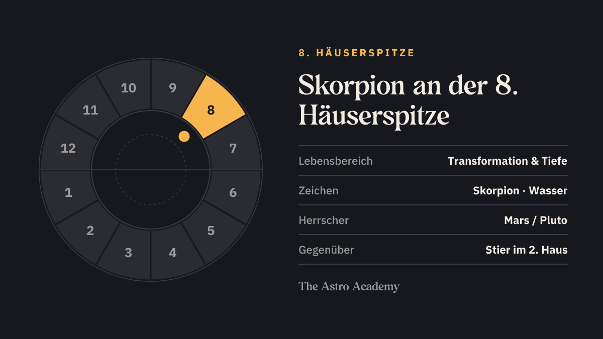 Häuserrad mit hervorgehobenem 8. Haus, an dessen Spitze Skorpion steht; gegenüber liegt Stier im 2. Haus
