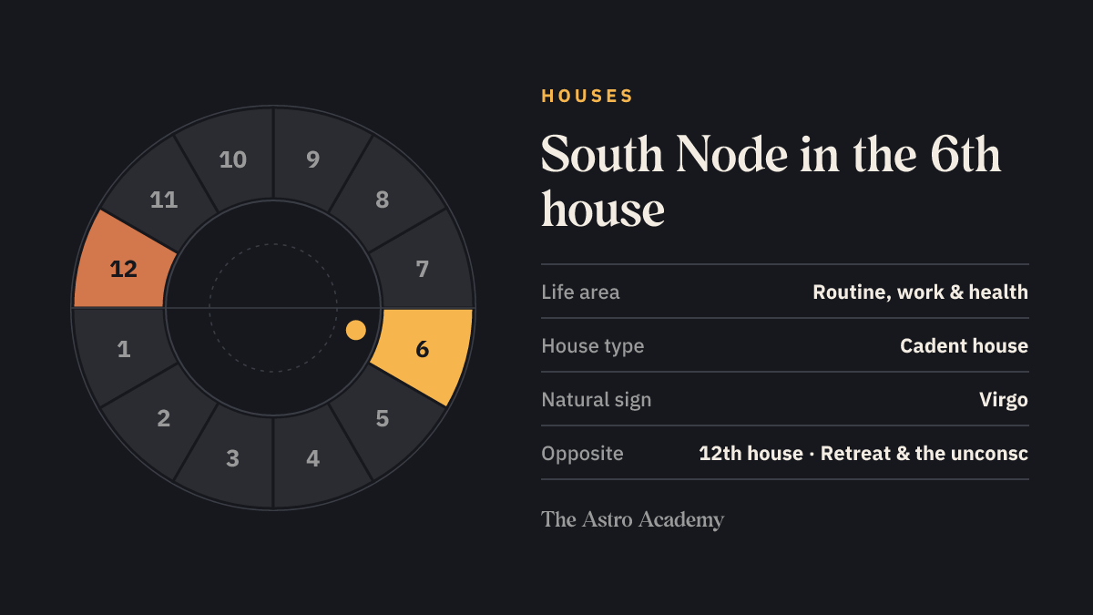 House wheel with twelve sections: the 6th house, where the South Node sits, is highlighted together with the opposite 12th house