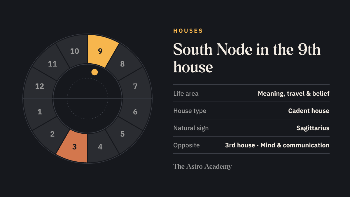 House wheel with twelve sections: the 9th house, where the South Node sits, is highlighted together with the opposite 3rd house
