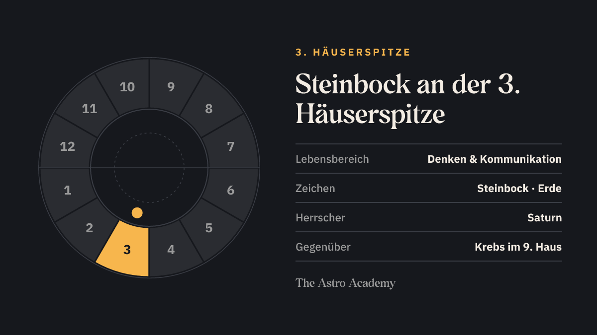 Häuserrad mit hervorgehobenem 3. Haus, an dessen Spitze Steinbock steht; gegenüber liegt Krebs im 9. Haus