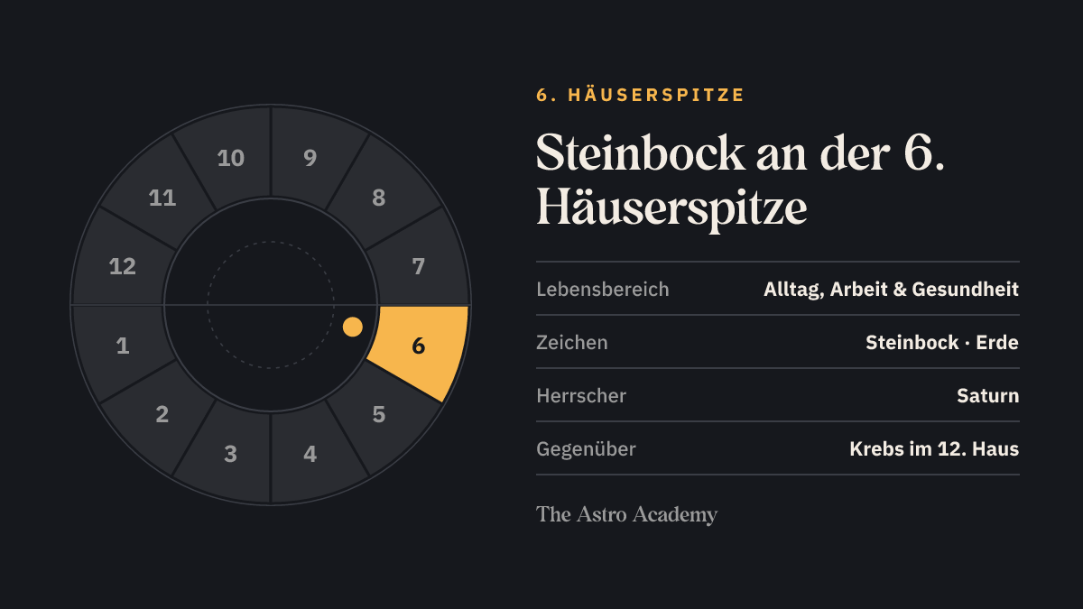Häuserrad mit hervorgehobenem 6. Haus, an dessen Spitze Steinbock steht; gegenüber liegt Krebs im 12. Haus
