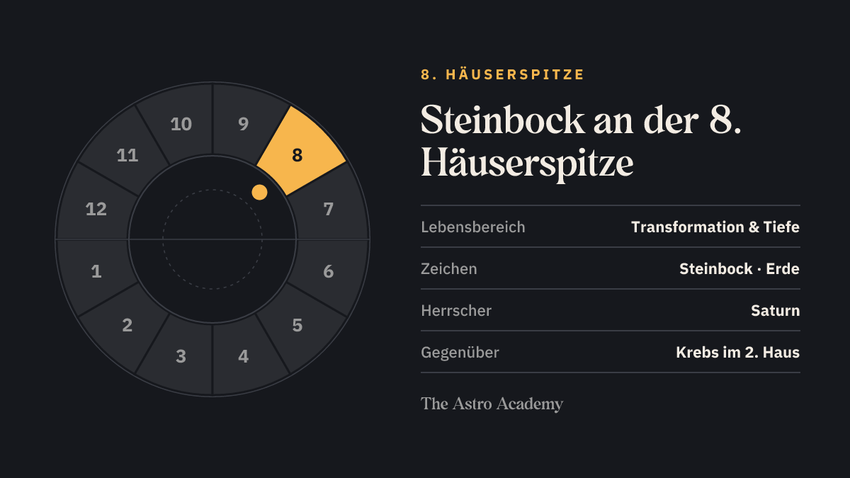 Häuserrad mit hervorgehobenem 8. Haus, an dessen Spitze Steinbock steht; gegenüber liegt Krebs im 2. Haus