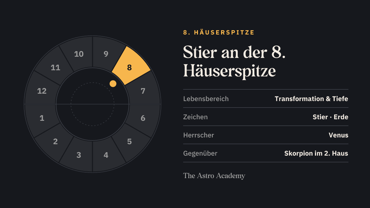 Häuserrad mit hervorgehobenem 8. Haus, an dessen Spitze Stier steht; gegenüber liegt Skorpion im 2. Haus