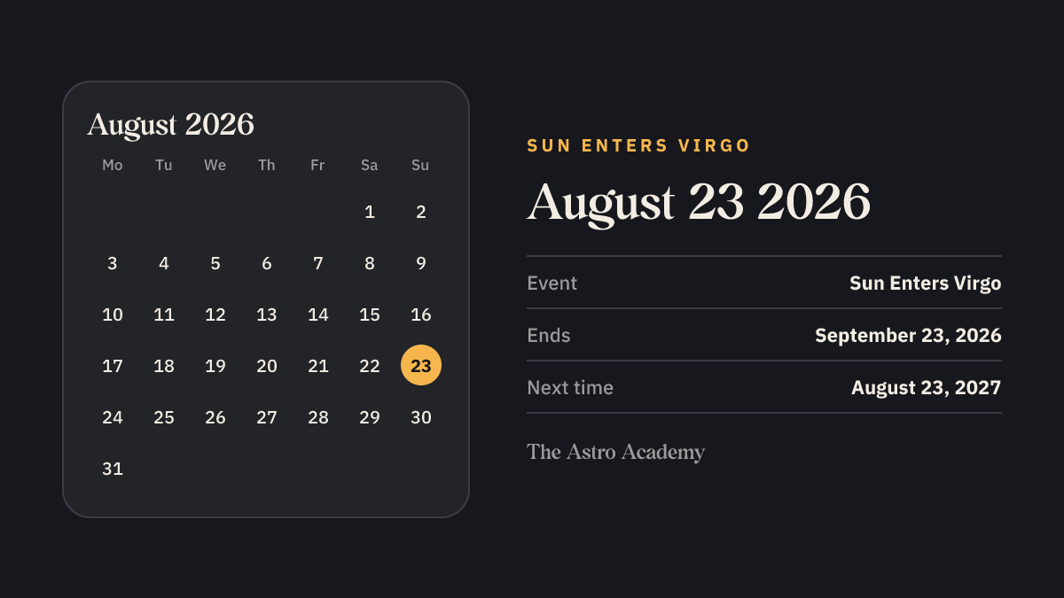 Calendar page for August 2026 with August 23 marked: Sun Enters Virgo