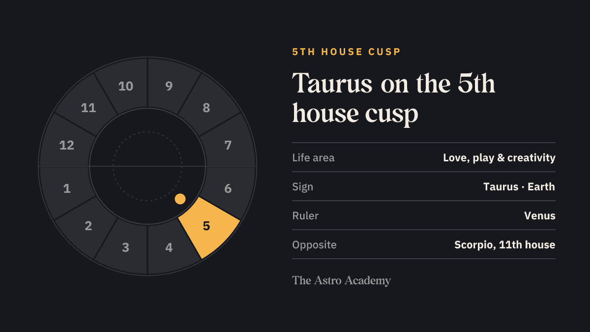 House wheel with the 5th house highlighted, with Taurus on its cusp; opposite sits Scorpio on the 11th house