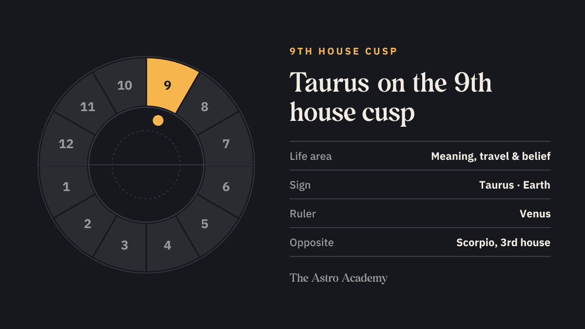House wheel with the 9th house highlighted, with Taurus on its cusp; opposite sits Scorpio on the 3rd house