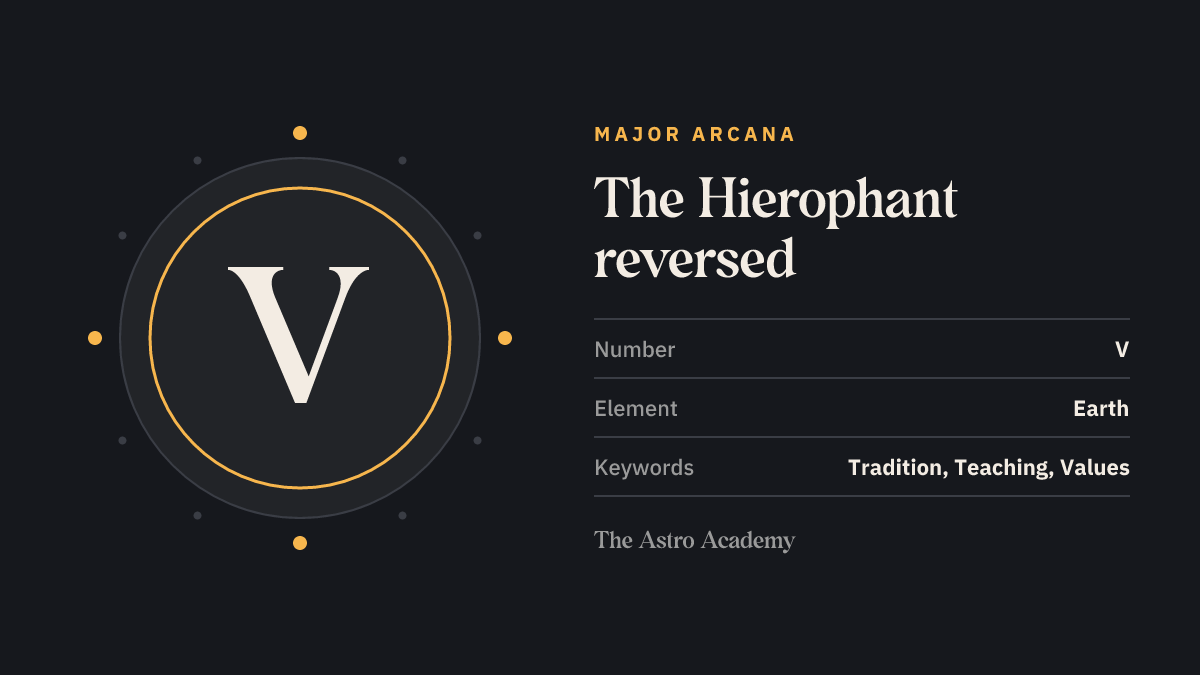 Graphic for the The Hierophant tarot card: the Roman numeral V as its Major Arcana number, page on the reversed position, with the keywords tradition, teaching, values