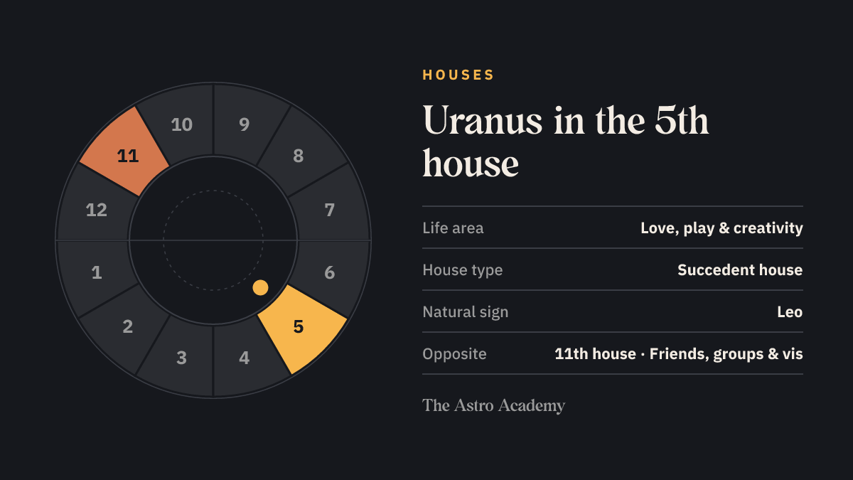 House wheel with twelve sections: the 5th house, where Uranus sits, is highlighted together with the opposite 11th house