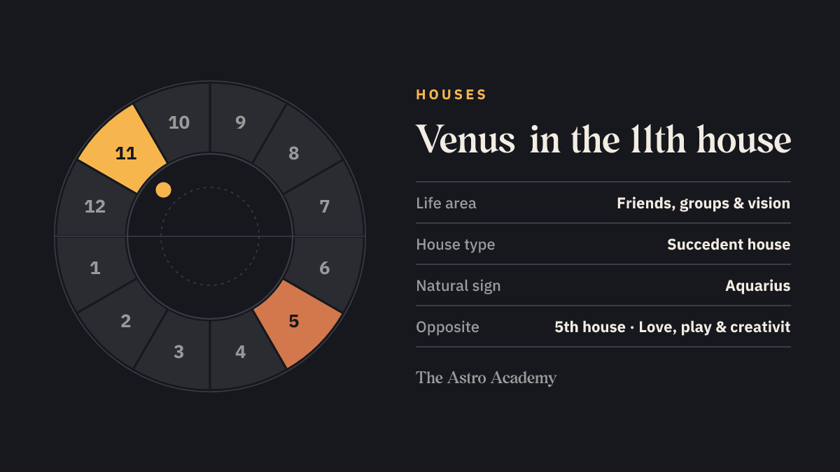 House wheel with twelve sections: the 11th house, where Venus sits, is highlighted together with the opposite 5th house