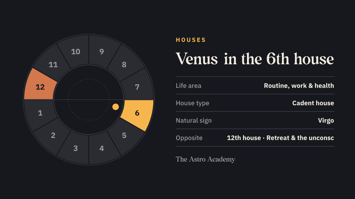 House wheel with twelve sections: the 6th house, where Venus sits, is highlighted together with the opposite 12th house