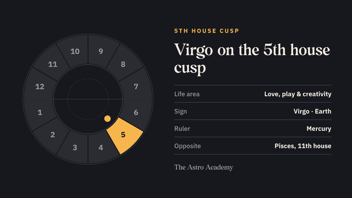 House wheel with the 5th house highlighted, with Virgo on its cusp; opposite sits Pisces on the 11th house