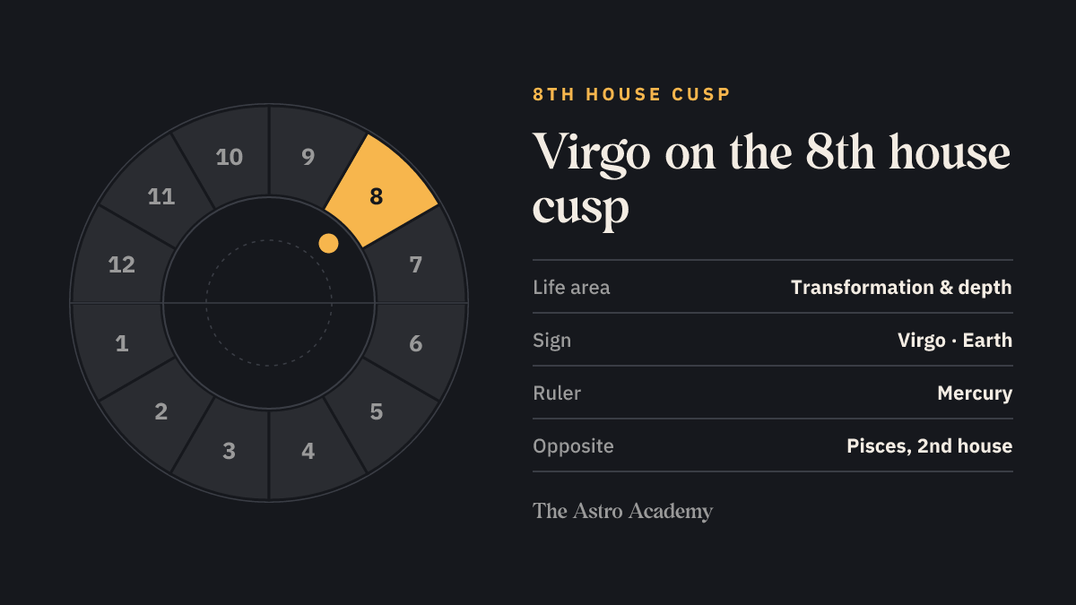 House wheel with the 8th house highlighted, with Virgo on its cusp; opposite sits Pisces on the 2nd house