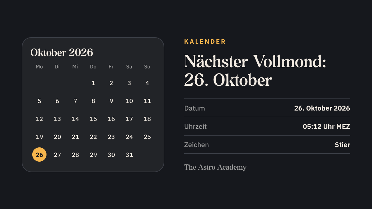 Kalenderblatt mit markiertem 26. Oktober 2026: Vollmond in Stier