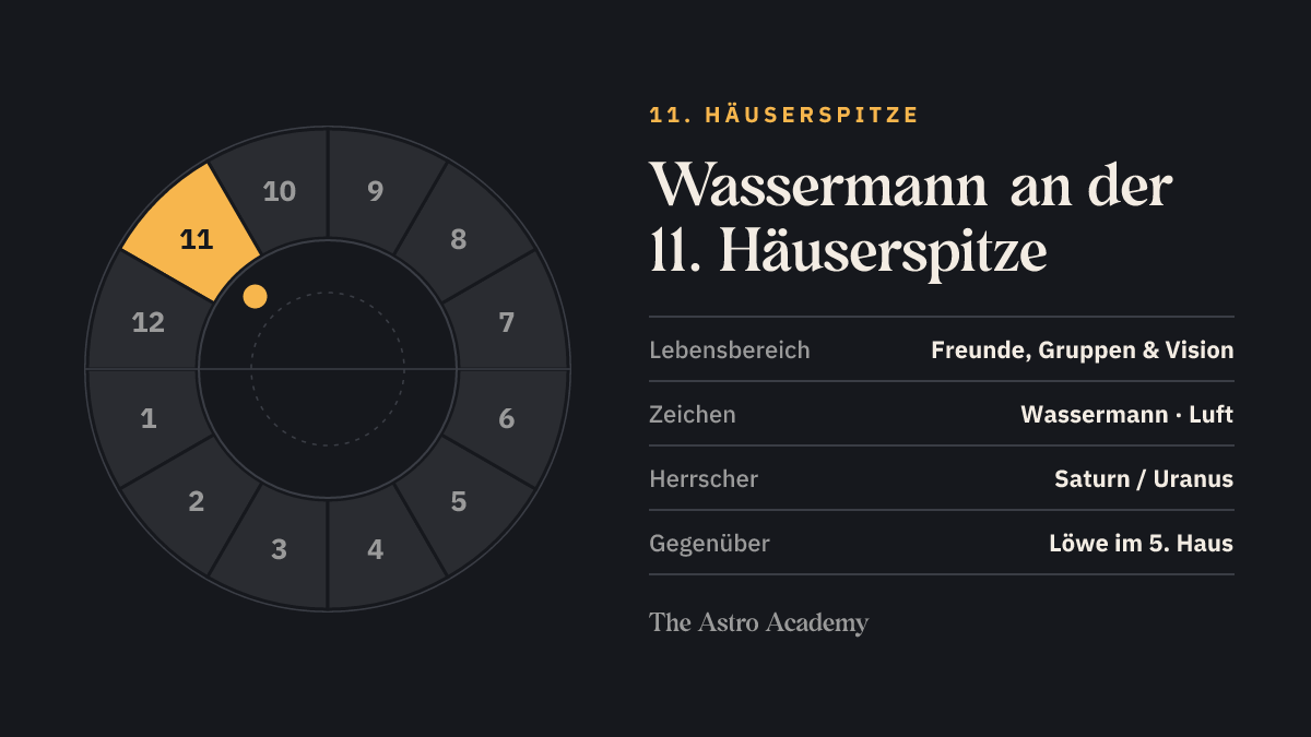 Häuserrad mit hervorgehobenem 11. Haus, an dessen Spitze Wassermann steht; gegenüber liegt Löwe im 5. Haus