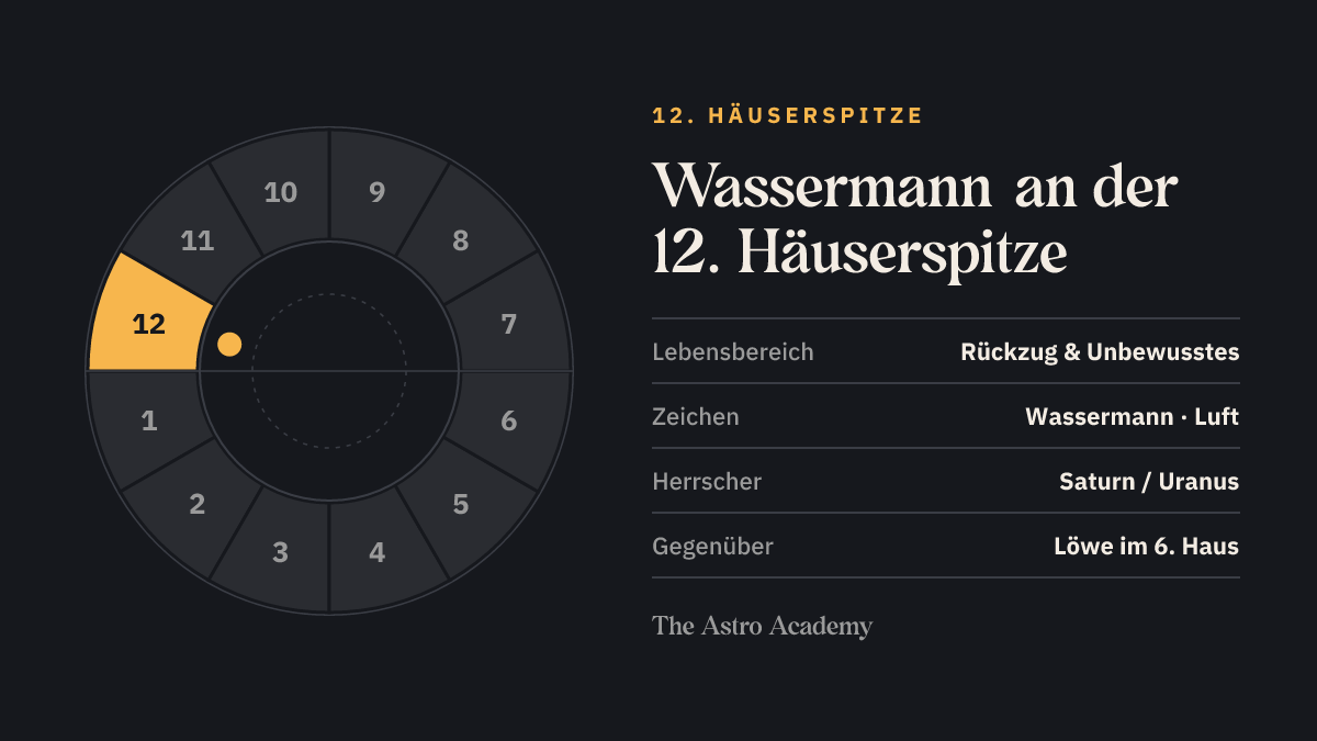 Häuserrad mit hervorgehobenem 12. Haus, an dessen Spitze Wassermann steht; gegenüber liegt Löwe im 6. Haus