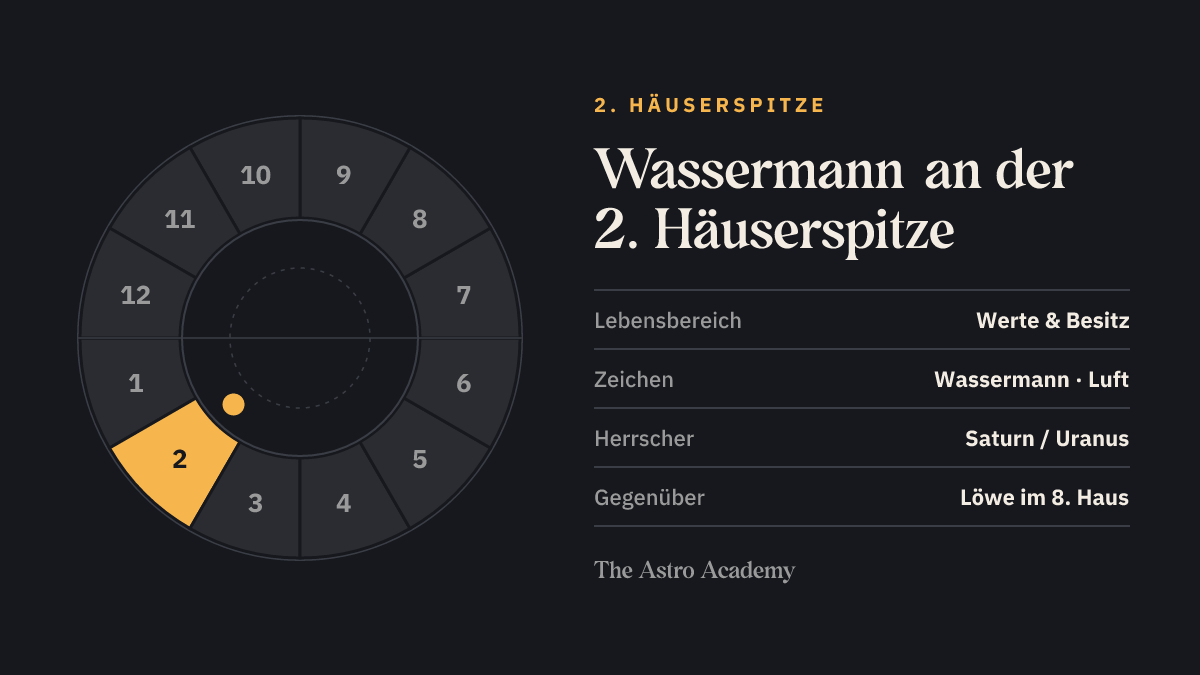 Häuserrad mit hervorgehobenem 2. Haus, an dessen Spitze Wassermann steht; gegenüber liegt Löwe im 8. Haus