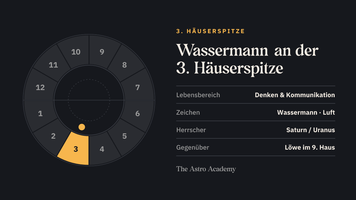 Häuserrad mit hervorgehobenem 3. Haus, an dessen Spitze Wassermann steht; gegenüber liegt Löwe im 9. Haus