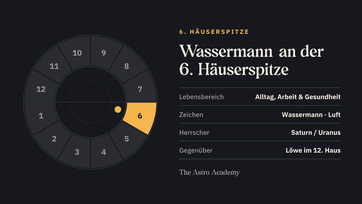 Häuserrad mit hervorgehobenem 6. Haus, an dessen Spitze Wassermann steht; gegenüber liegt Löwe im 12. Haus