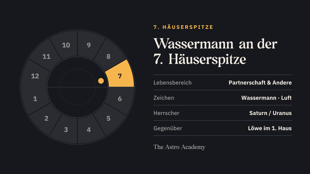 Häuserrad mit hervorgehobenem 7. Haus, an dessen Spitze Wassermann steht; gegenüber liegt Löwe im 1. Haus