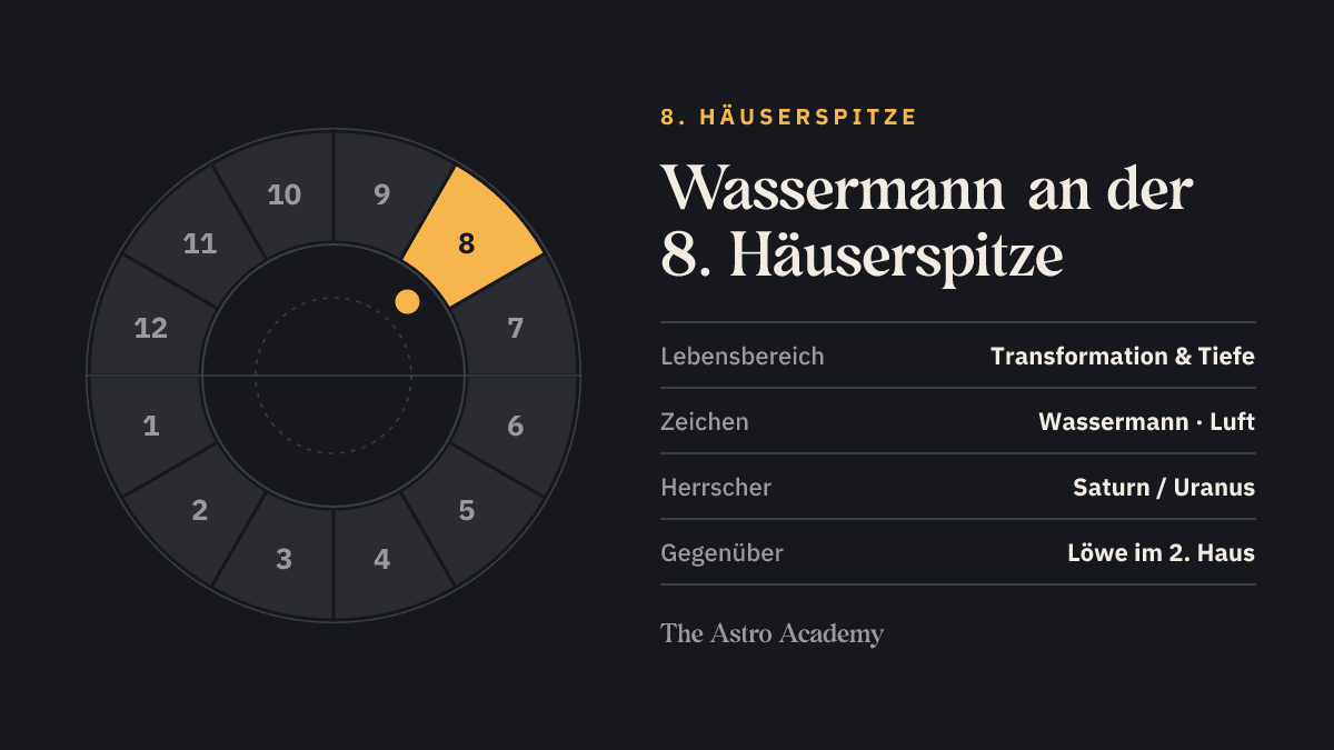 Häuserrad mit hervorgehobenem 8. Haus, an dessen Spitze Wassermann steht; gegenüber liegt Löwe im 2. Haus