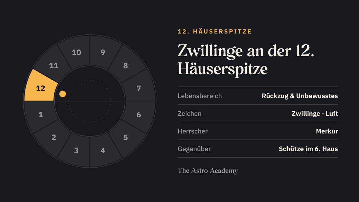 Häuserrad mit hervorgehobenem 12. Haus, an dessen Spitze Zwillinge steht; gegenüber liegt Schütze im 6. Haus
