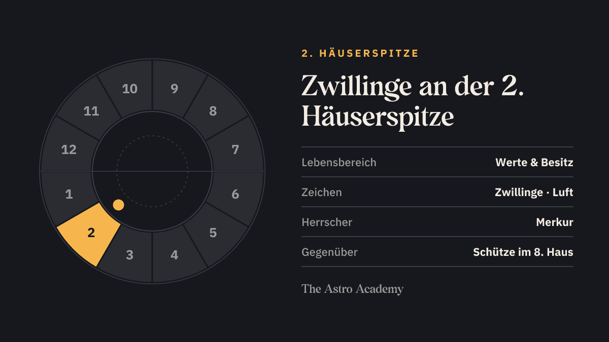 Häuserrad mit hervorgehobenem 2. Haus, an dessen Spitze Zwillinge steht; gegenüber liegt Schütze im 8. Haus