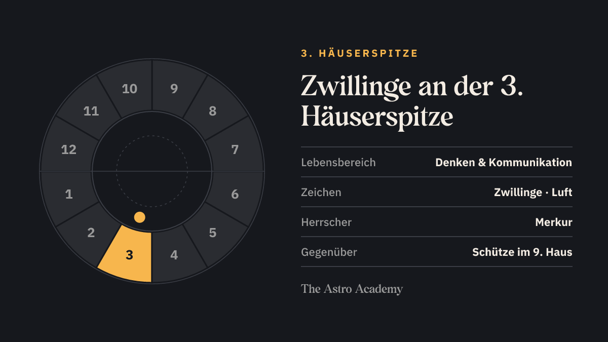 Häuserrad mit hervorgehobenem 3. Haus, an dessen Spitze Zwillinge steht; gegenüber liegt Schütze im 9. Haus