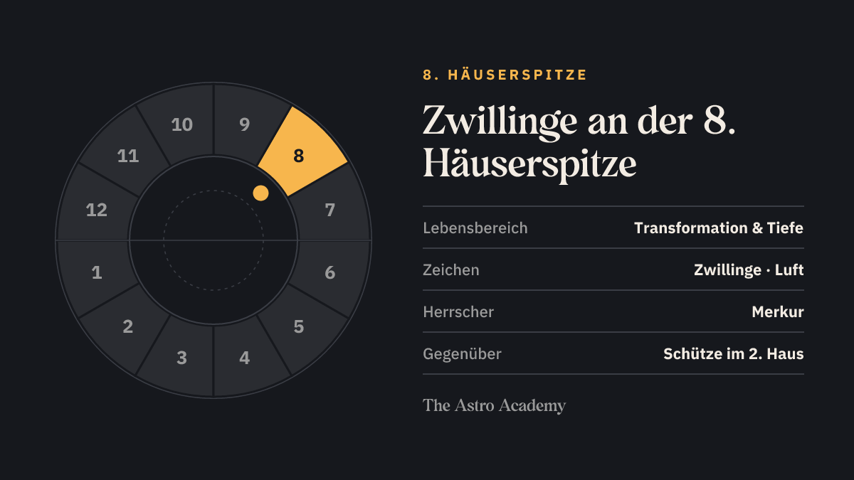 Häuserrad mit hervorgehobenem 8. Haus, an dessen Spitze Zwillinge steht; gegenüber liegt Schütze im 2. Haus